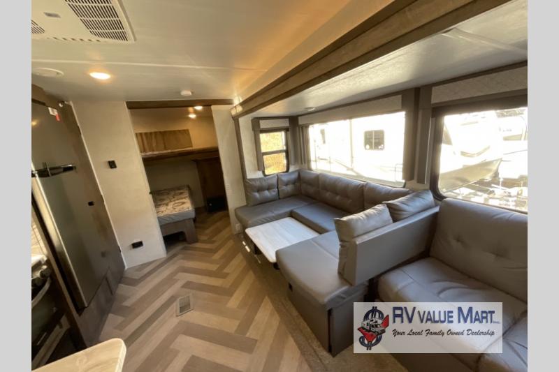 Living space in a Forest River Salem travel trailer. 